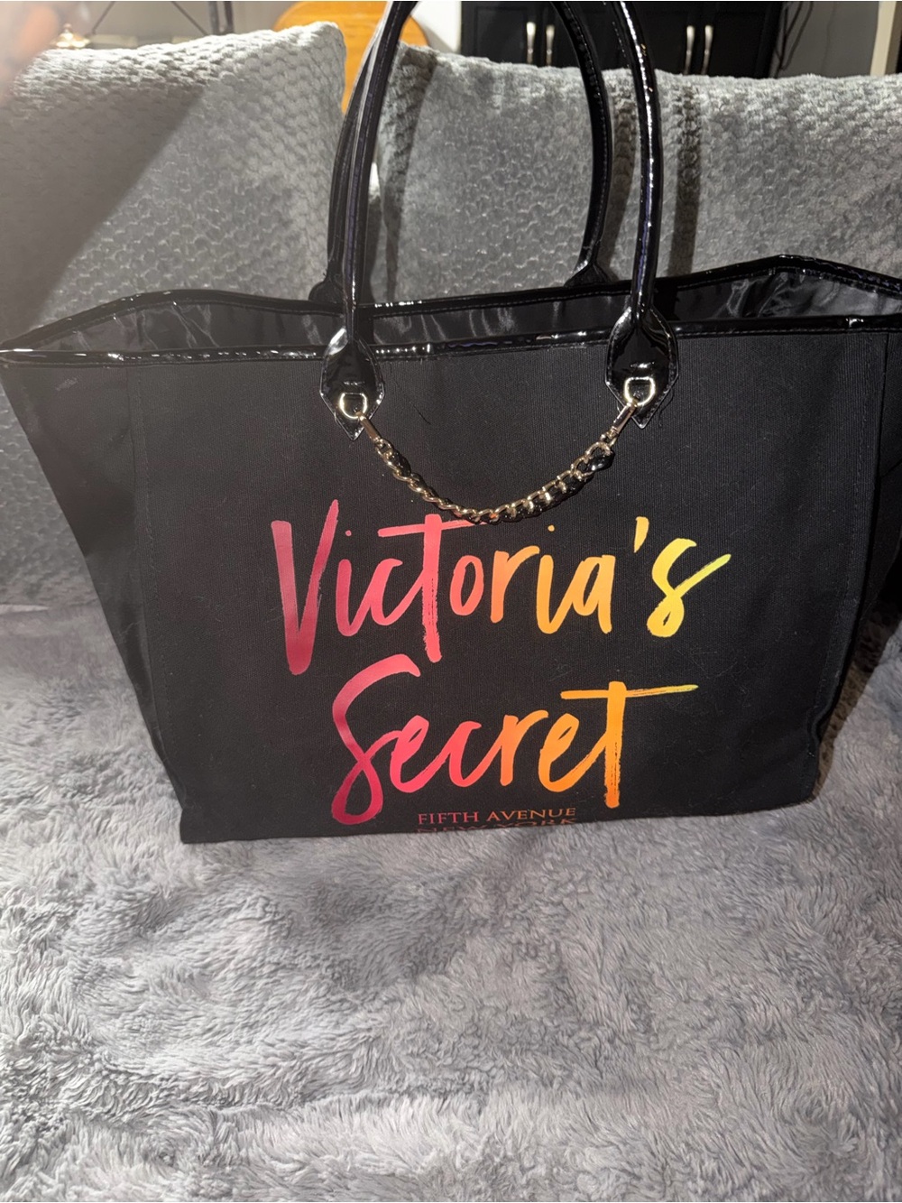 Victoria's Secret Black Tote with Pink-Orange-Yellow Gradient Logo fifth Ave NY